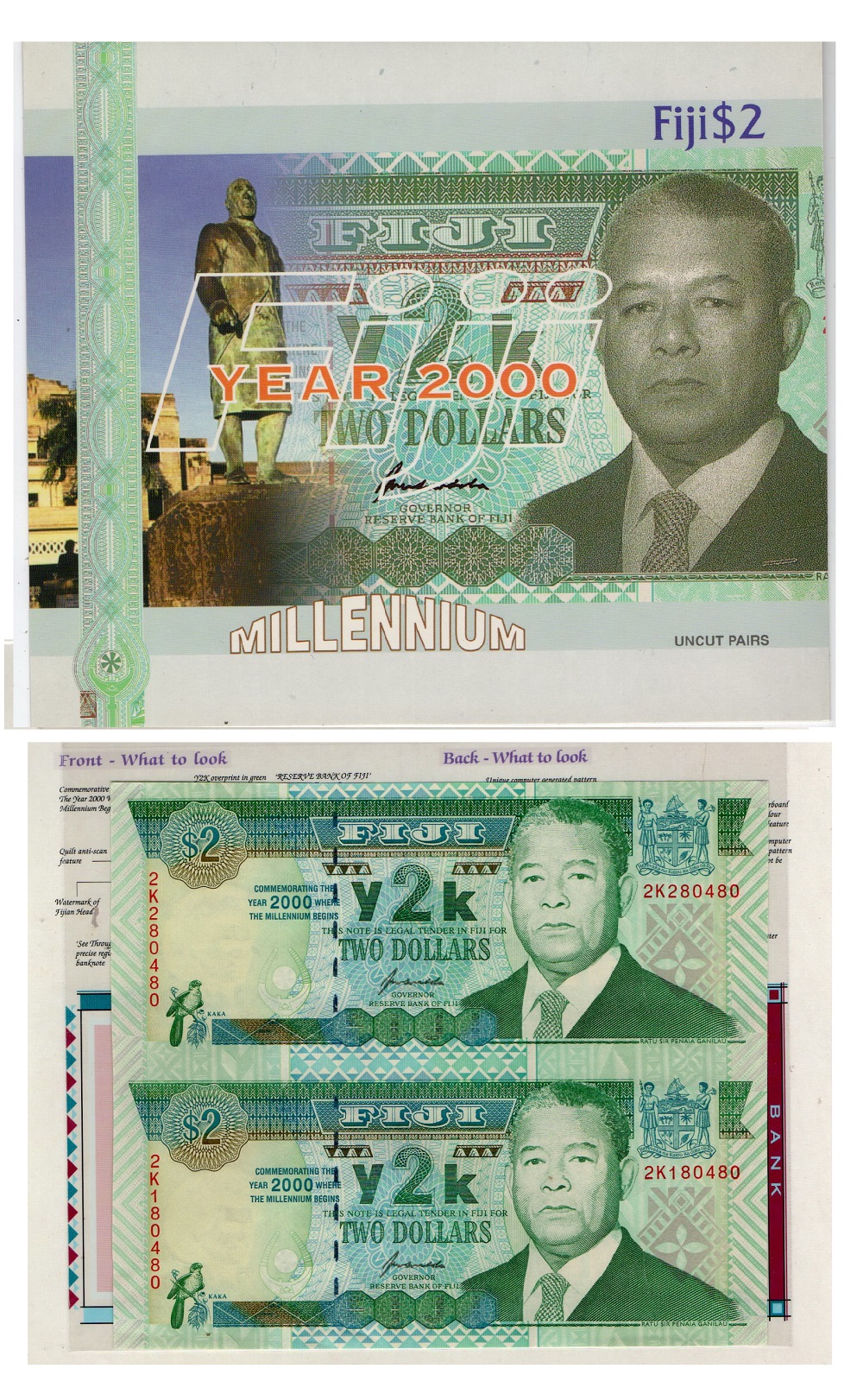 Fiji #Fiji 2 Dollars 2000 P102 UNC - Uncut / Commemorative Y2K -